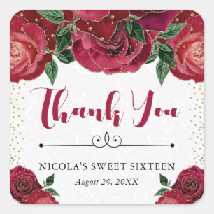 Sticker Carré Aquarelle Roses rouges et dorées Glam pour Sweet 1