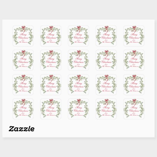 Sticker Carré Aquarelle Rouge Bow Mistletoe cadeau de Noël (Feuille)