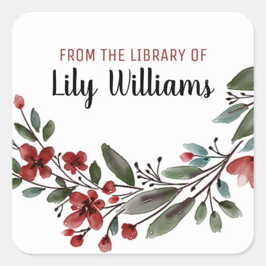 Sticker Carré Aquarelle Rouge Floral Bibliothèque Plaque (Devant)