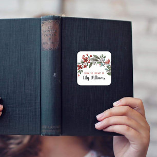 Sticker Carré Aquarelle Rouge Floral Library Ex Libris Plaque d'