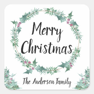 Sticker Carré Aquarelle russe Holly Wreath Joyeux Noël