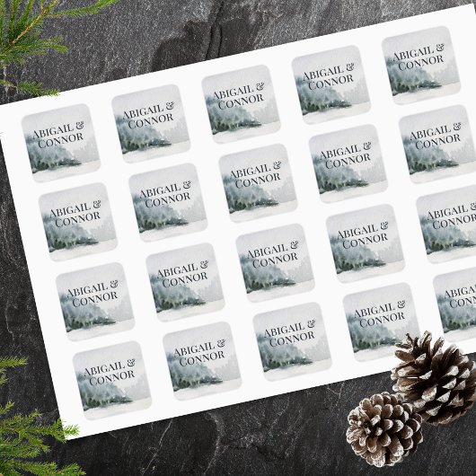 Sticker Carré Aquarelle Rustique du lac Misty Mountain