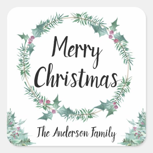Sticker Carré Aquarelle rustique Holly Wreath Joyeux Noël (Devant)