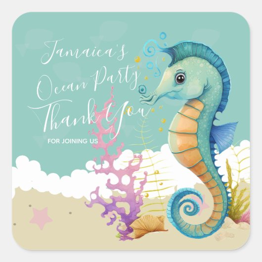 Sticker Carré Aquarelle Seahorse Océan Anniversaire Merci (Devant)