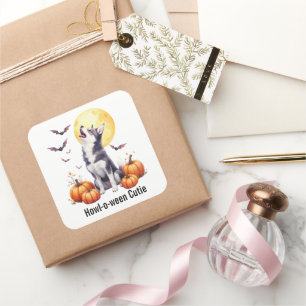 Sticker Carré Aquarelle Sibérienne Husky Puppy Halloween