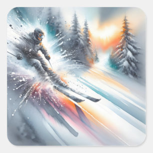 Sticker Carré Aquarelle Ski Abstrait de descente