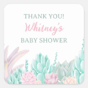 Sticker Carré Aquarelle Succulente Baby Girl Douche Merci