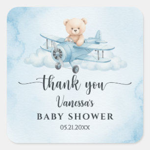 Sticker Carré Aquarelle Teddy Bear Baby shower pilote Merci
