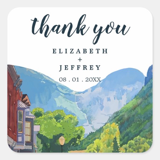 Sticker Carré Aquarelle Telluride Colorado Merci Mariage (Devant)