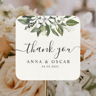 Sticker Carré Aquarelle tendance Fleurs blanches & Feuilles