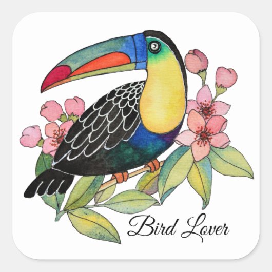 Sticker Carré Aquarelle Toucan Bird Avec Fleurs (Devant)
