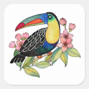 Sticker Carré Aquarelle Toucan Bird Avec Fleurs