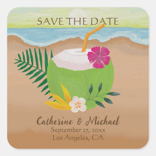 Sticker Carré Aquarelle Tropical Floral Ocean Beach Mariage (Devant)