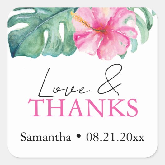 Sticker Carré Aquarelle tropicale Thème Hibiscus rose (Devant)