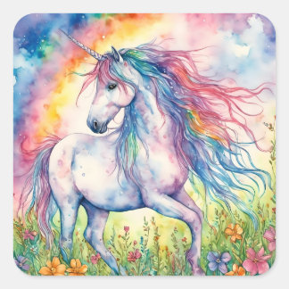 Sticker Carré Aquarelle Unicorne