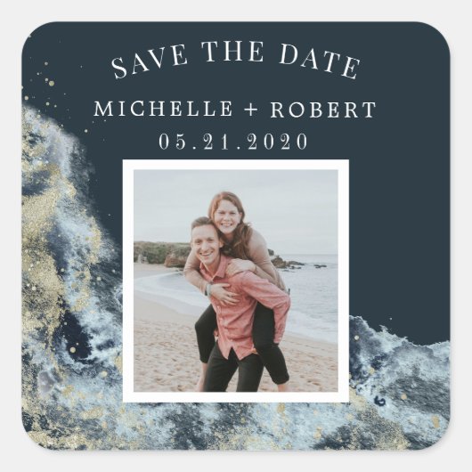 Sticker Carré aquarelle vagues côtier enregistrer la photo date (Devant)