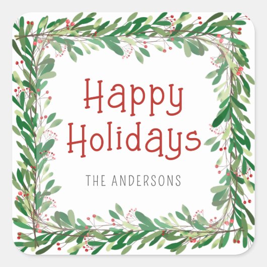 Sticker Carré Aquarelle Verdure Berries Joyeuses Vacances Wreath (Devant)
