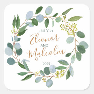 Sticker Carré Aquarelle verdure couronne, eucalyptus Mariage