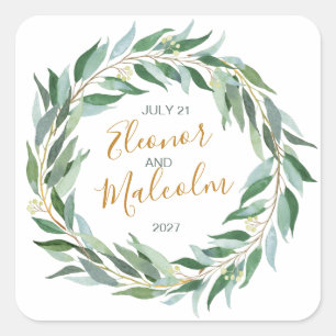 Sticker Carré Aquarelle verdure couronne, eucalyptus Mariage