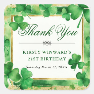 Sticker Carré Aquarelle Vert et Shamrock Or Anniversaire