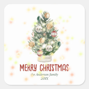 Sticker Carré Aquarelle Vert Ornements Arbre Joyeux Noël