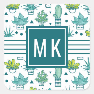 Sticker Carré Aquarelle verte et bleue Motif Succulent