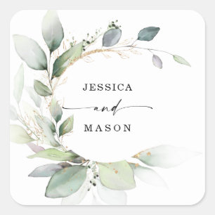 Sticker Carré Aquarelle verte Mariage or