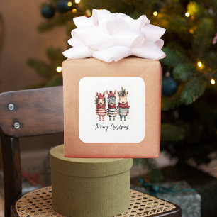 Sticker Carré Aquarelle vintage Animaux de Noël