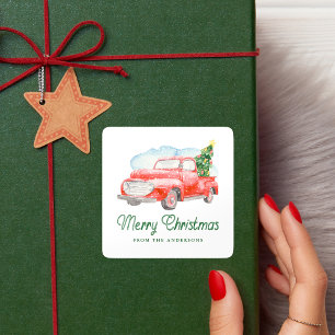 Sticker Carré Aquarelle Vintage Camion rouge Joyeux Noël