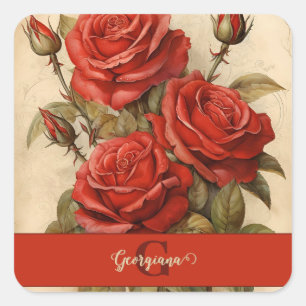Sticker Carré Aquarelle Vintage personnalisée Roses Florales Rou