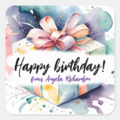 Sticker Carré Aquarelle vive boîte cadeau d'anniversaire avec co (Devant)