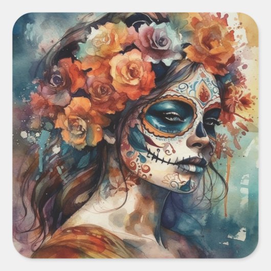 Sticker Carré Aquarelle vive Dia de los Muertos Catrina (Devant)