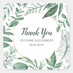 Sticker Carré Aquarelle Wild Feuilles Hunter Mariage vert
