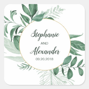 Sticker Carré Aquarelle Wild Feuilles Hunter Mariage vert