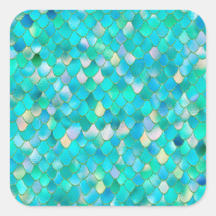 Sticker Carré Aquarelle Wonky Parties scintillant Turquoise Méta