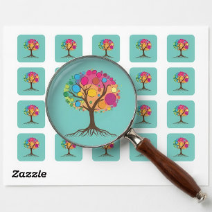 Sticker Carré Arbre abstrait avec des racines et des feuilles co