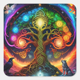 Sticker Carré Arbre celtique arc-en-ciel vibrant avec des loups 