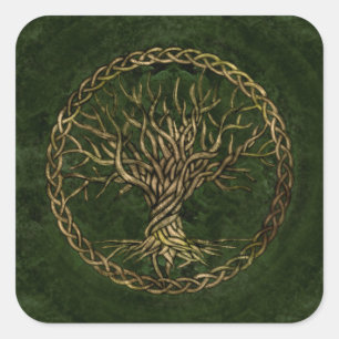 Sticker Carré Arbre de la vie - Yggdrasil - vert et or