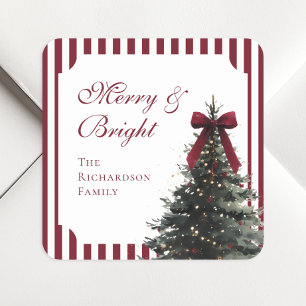 Sticker Carré Arbre de Noël à l'aquarelle avec un élégant nœud b
