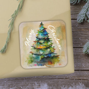 Sticker Carré Arbre de Noël Aquarelle Artistique Joyeux Noël