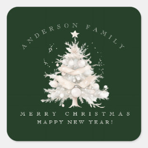 Sticker Carré Arbre de Noël blanc traditionnel familial personna