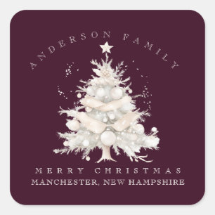 Sticker Carré Arbre de Noël blanc traditionnel familial personna