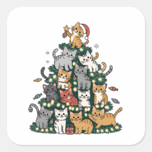 Sticker Carré Arbre de Noël Chat Drôle Chaton Animal de Compagni