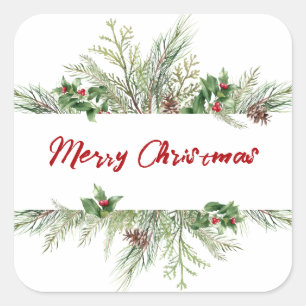 Sticker Carré Arbre de Noël classique Wreath Happy Holiday Seaso