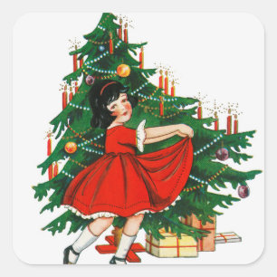 Sticker Carré Arbre de Noël des filles Vintages