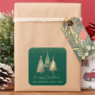 Sticker Carré Arbre de Noël élégant en or paillettes neige