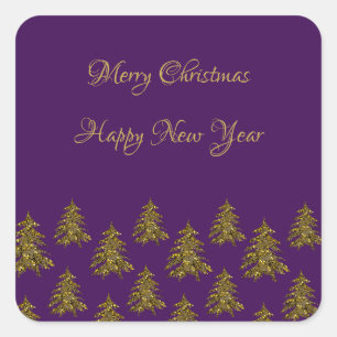 Sticker Carré Arbre de Noël en or brillant à Noël violet