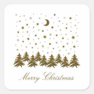 Sticker Carré Arbre de Noël en or brillant, lune, étoiles