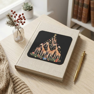 Sticker Carré Arbre de Noël Girafe Chapeaux de Père Noël Faune A