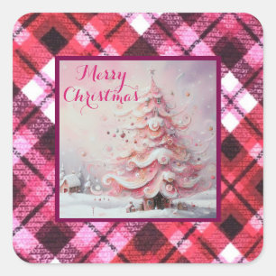 Sticker Carré Arbre de Noël impressionniste Whimsical rose